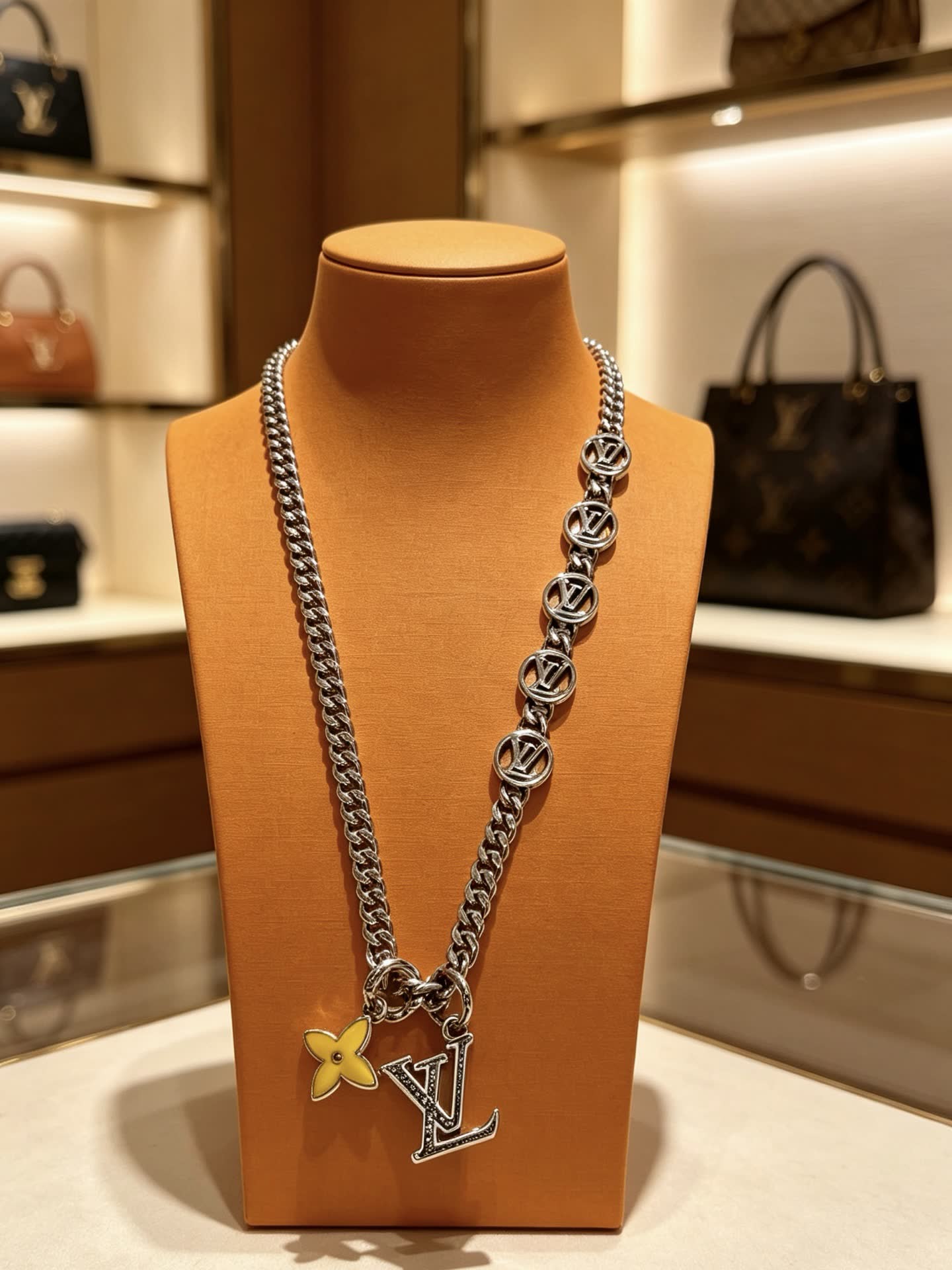 Louis Vuitton Silver Chain Necklace with Monogram and Flower Design